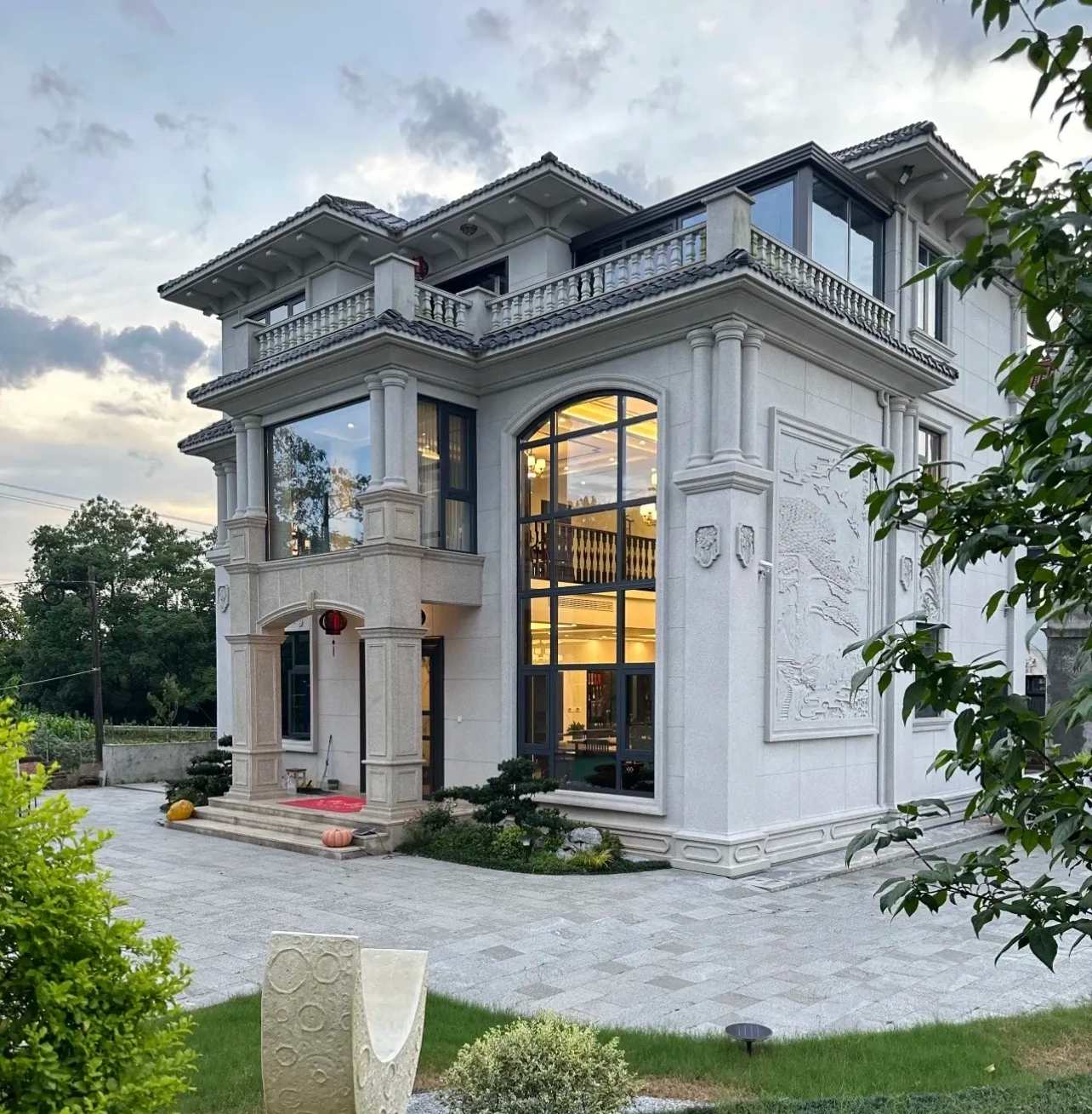 黄山 白麻花岗岩私人别墅干挂石材豪华定制